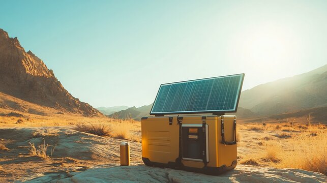 High tech solar powered cooler in the desert solar panels glistening under a hot sun stocked with cold beverages showcasing durability and efficiency in extreme conditions
