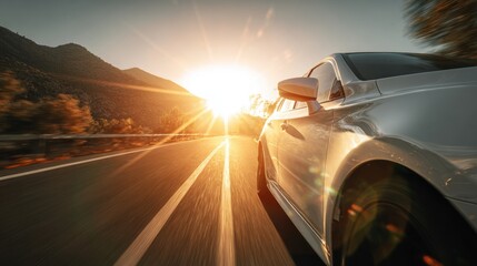 Obraz premium An eye-level shot captures a vehicle's side, door handle, and wheel as it travels along a road, with the sun blazing brightly, creating a stunning visual effect.
