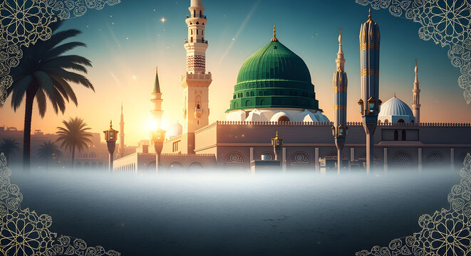 Milad un Nabi Maulid or Mawlid al Nabi Islamic background banner with Madina skyline night festive art