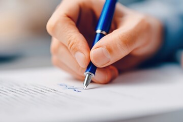 A person’s hand uses a blue pen to sign a document, focusing on the act of writing an official signature