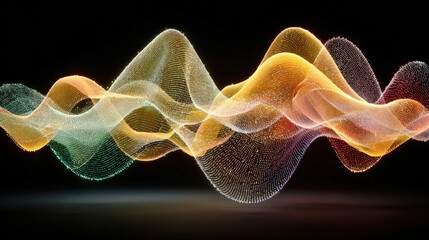 Fototapeta premium Colorful waves of glowing light create an abstract pattern against a dark background, resembling sound waves and evoking a sense of movement and rhythm