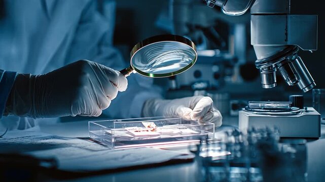 A forensic entomologist using magnifying glass to analyze insect samples on a lab tray with evidence tags, high-contrast lighting.