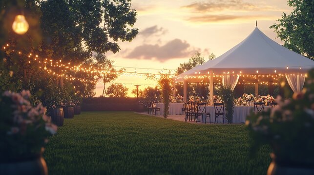 A wedding reception tent on a green lawn illuminated by string lights at sunset in a garden setting