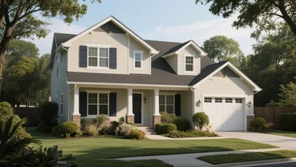 Fototapeta premium Two-story suburban home with a well-maintained lawn and mature trees in the background.