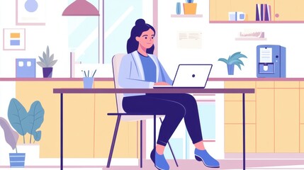 Illustration depicting a woman working remotely at a desk in her home office