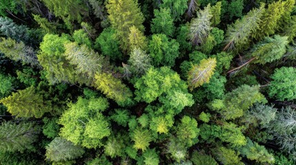 A vibrant aerial view of a dense forest showcasing a variety of lush green trees and foliage, highlighting the natural beauty and diversity of woodland ecosystems