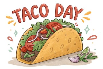 Delicious taco day celebration with fresh ingredients and festive text
