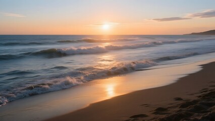Golden Sunset Over the Ocean with Gentle Waves Lapping at the Sandy Shore