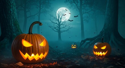 Spooky Halloween scene with glowing jack-o'-lanterns in a haunted forest