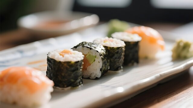 Assorted sushi rolls and nigiri served on a white plate