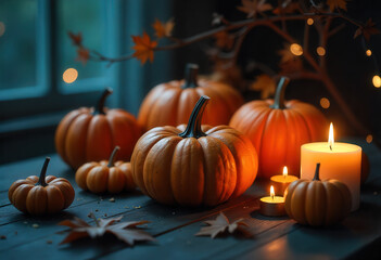 Cozy Autumn Evening Glow Pumpkins and Candles Create a Warm Harvest Display