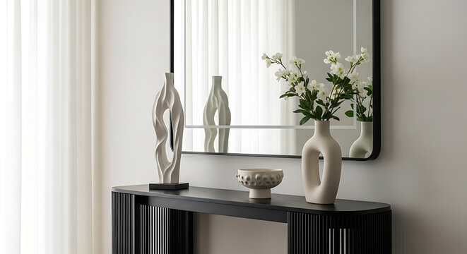 Elegant console table with decorative objects and mirror reflection