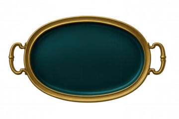 Luxurious oval serving tray featuring teal enamel coating and gleaming golden handles, positioned against transparent background
