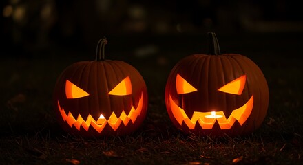 Two Glowing Jack o Lanterns Carved for Halloween Night Celebration