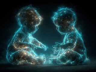 Neon glowing twins representing Gemini zodiac on dark background. Perfect for astrology, zodiac, or cosmic themes.