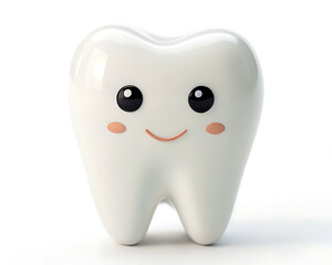 Close up of a cartoon tooth with a happy face on a white background in a studio setting showing detail