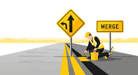 Road Construction Worker Painting Yellow Lines with Merge Road Sign Ahead