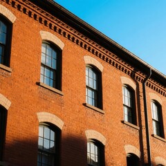 Obraz premium Red Brick Building with Arched Windows Under Clear Blue Sky