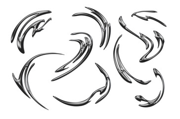 Cyber sigilism chrome metal tattoo isolated. Silver tribal elements, Y2K liquid metal 3D shapes set