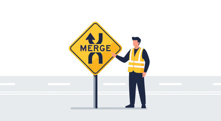 Roadway Convergence Safety Sign Illustration For Drivers Awareness Concept