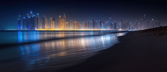 Fototapeta premium Nighttime cityscape reflection in Dubai's tranquil waters, a breathtaking panorama of skyscrapers illuminated against the dark sky.