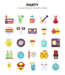 25 Party Icons. Colorful Flat Design Vector Set for Celebration