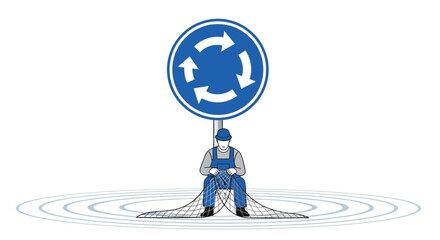 Roundabout Repairman Fixing Reality's Fabric Beneath Traffic Circle Indicator