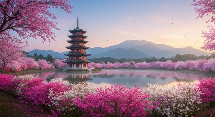 Obraz premium Cherry blossom festival celebration japan scenic view tranquil lake sunrise nature beauty