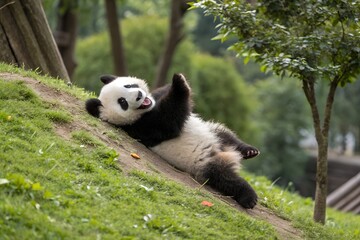 Obraz premium Playful Panda Rolling Down a Grassy Hillside on a Sunny Day