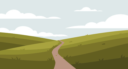 Rural Landscape Illustration With Rolling Hills Under A Cloudy Sky
