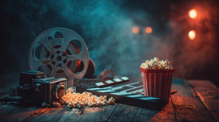 Vintage film camera, movie reel, clapperboard, and popcorn evoke a cinematic atmosphere with dramatic lighting and smoky ambiance