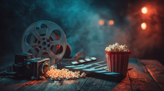 Vintage film camera, movie reel, clapperboard, and popcorn evoke a cinematic atmosphere with dramatic lighting and smoky ambiance