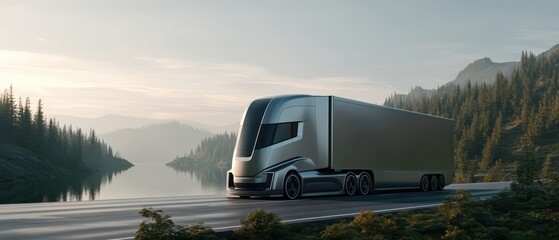 A sleek, modern semi-truck drives along a scenic lakeside highway surrounded by pine forests and mountains at sunrise