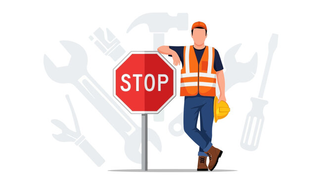 Safety First Builder Resting On Stop Sign With Tooling Background