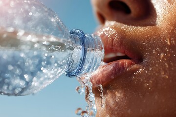 Fototapeta premium Woman drinking fresh water from plastic bottle on hot summer day