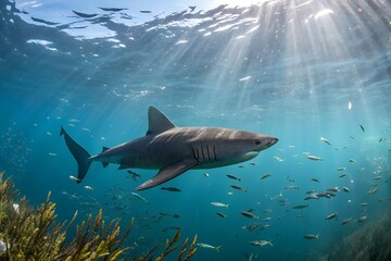 Fototapeta premium Great White Shark Swimming in Ocean with Sun Rays and Small Fish