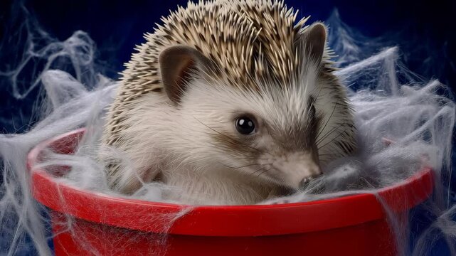 Hedgehog Nestled in a Red Pot Surrounded by Soft White Spider Webbing