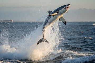 Fototapeta premium Great White Shark Breaching the Ocean Surface in a Powerful Display of Nature