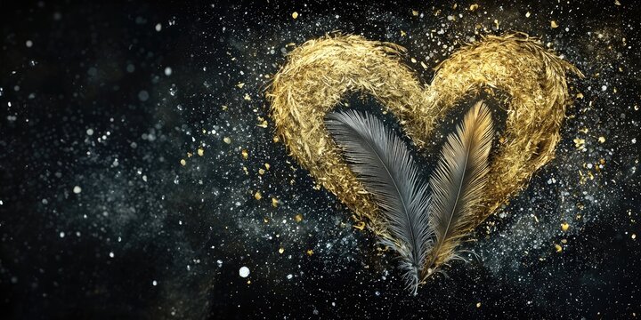 Gold and feather heart fusion, dark gray and black background enhanced by floating silver dust particles Stock photo