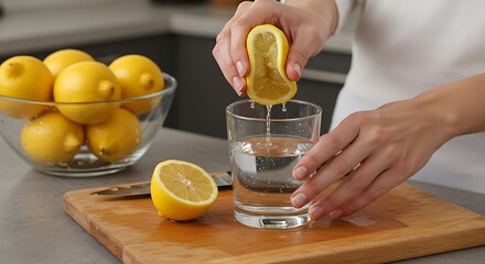 Woman squeezing fresh lemon juice into a glass of water for a refreshing drink