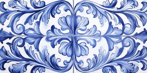 Graceful acanthus leaf design in Victorian floral blue tile motif Stock photo