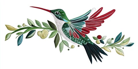 Obraz premium Green hummingbird with red feather tips in 3D embroidery effect on white background Stock photo
