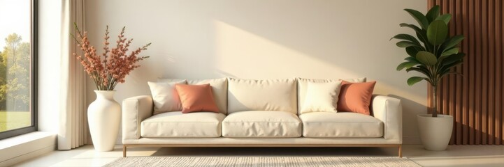 Beige walls, stylish sofa, modern decor, vase of flowers , aesthetic, decor, interior