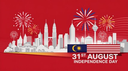 Naklejka premium Malaysia Independence Day Celebration with Fireworks and City Skyline on 31st August