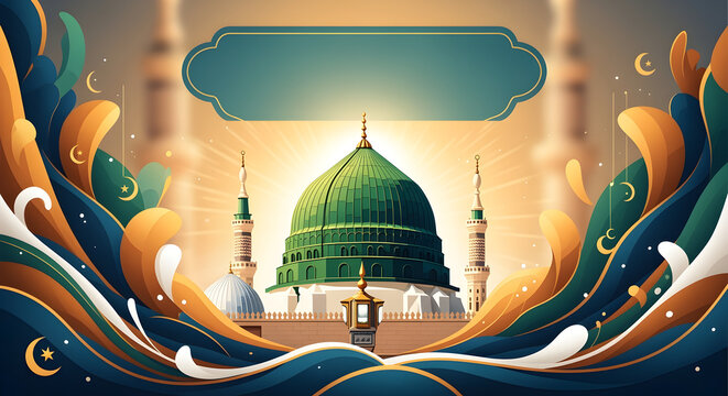 Milad un Nabi Maulid or Mawlid al Nabi Islamic background banner with Madina skyline night star lights