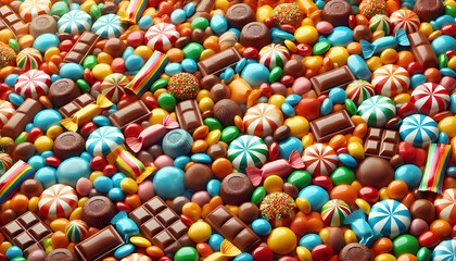 Fototapeta premium Seamless Rainbow Candy-Coated Chocolates Background, Glossy Texture