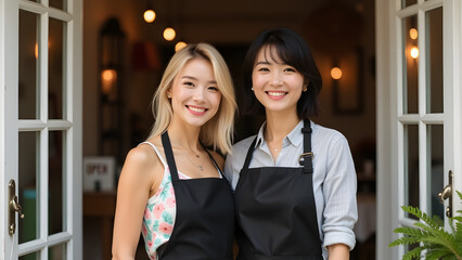two smiling female small business owners standing at shop entrance