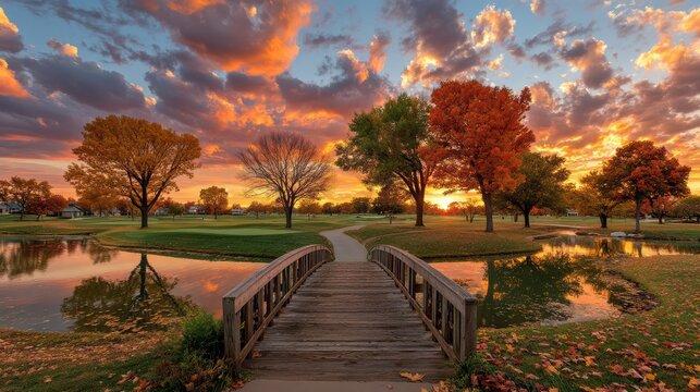 A wooden bridge crosses a pond in a vibrant park with colorful autumn trees and a dramatic sunset sky