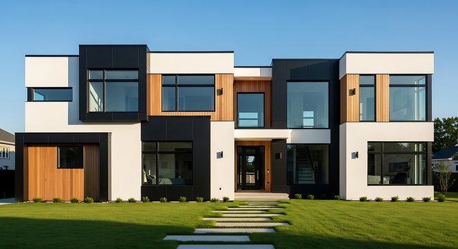 Contemporary geometric residence showcases architectural brilliance against a clear sky