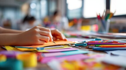Fototapeta premium Close-up of Hands Arranging Craft Supplies in Blurred Art Classroom Background